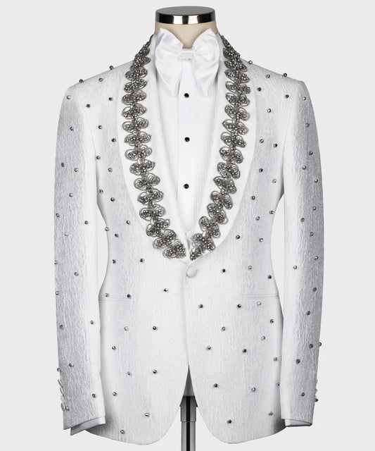 Gray Pearl Embroidered White Tuxedo